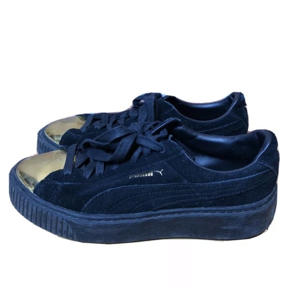 PUMA Women’s Platform Sneakers Size 7 Black Suede Gold Metallic Toe Trim Shoes - Picture 1 of 10
